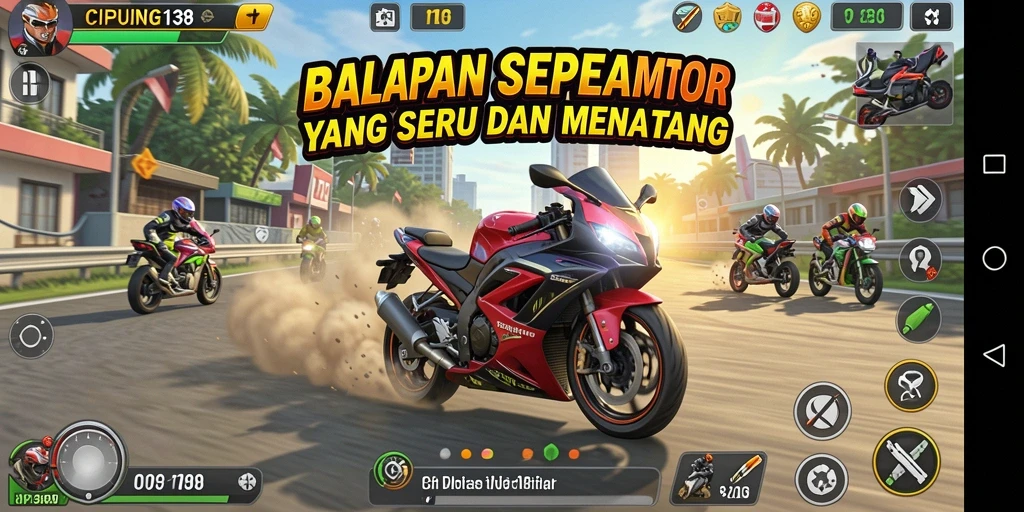 Tampilan gameplay seru dari CIPUNG138 dengan balapan motor yang mendebarkan.