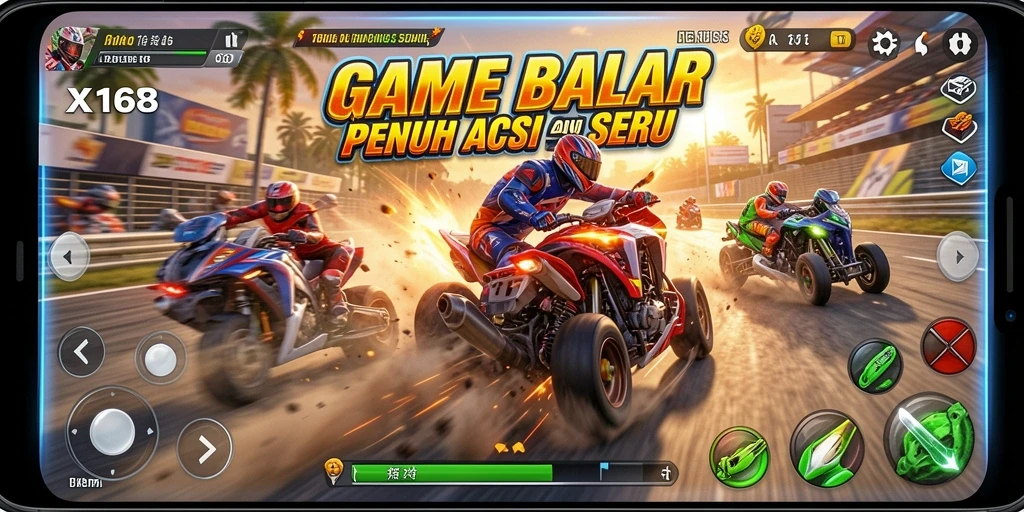 Screenshot X168 menampilkan balapan seru dengan mobil yang berkecepatan tinggi.